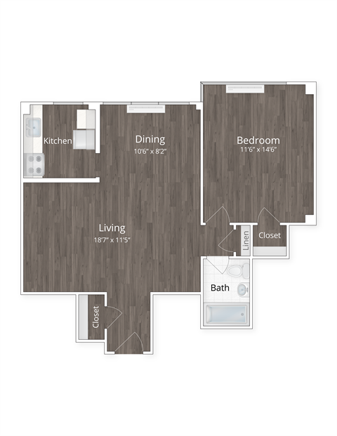 1 Bedroom 1 Bath Floor Plan at 1500 Arlington, Arlington, 22209
